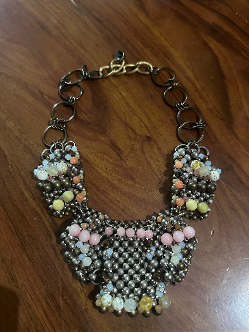 Anthropologie Pastel Beaded Bib Necklace with Antique Gold Chain